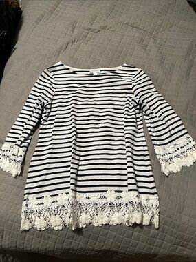Charter club Striped navy & White Lace Trim Top